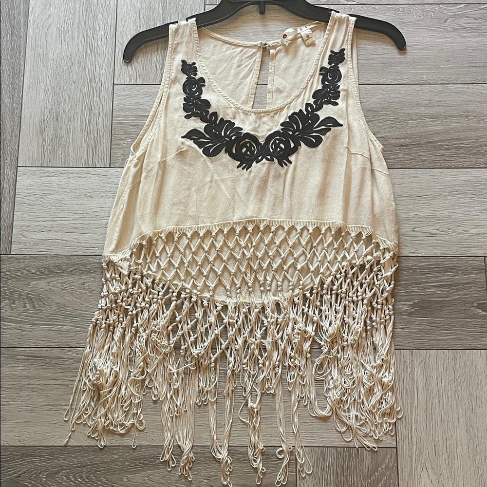 Chelsea & Violet Cream Tank Top with Black Floral and Fringe